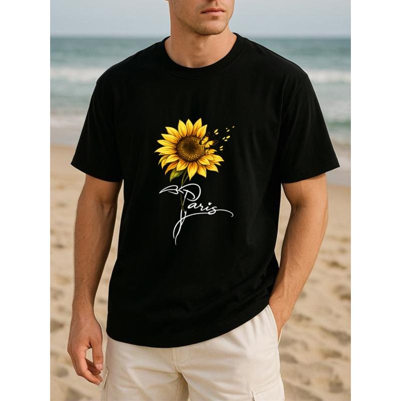 European Size Paris Sunflower Artistic Fresh Style All-Season Comfortable T-Shirt | Suitable for Daily and Home Wear, Round-neck, Fashionable for Men