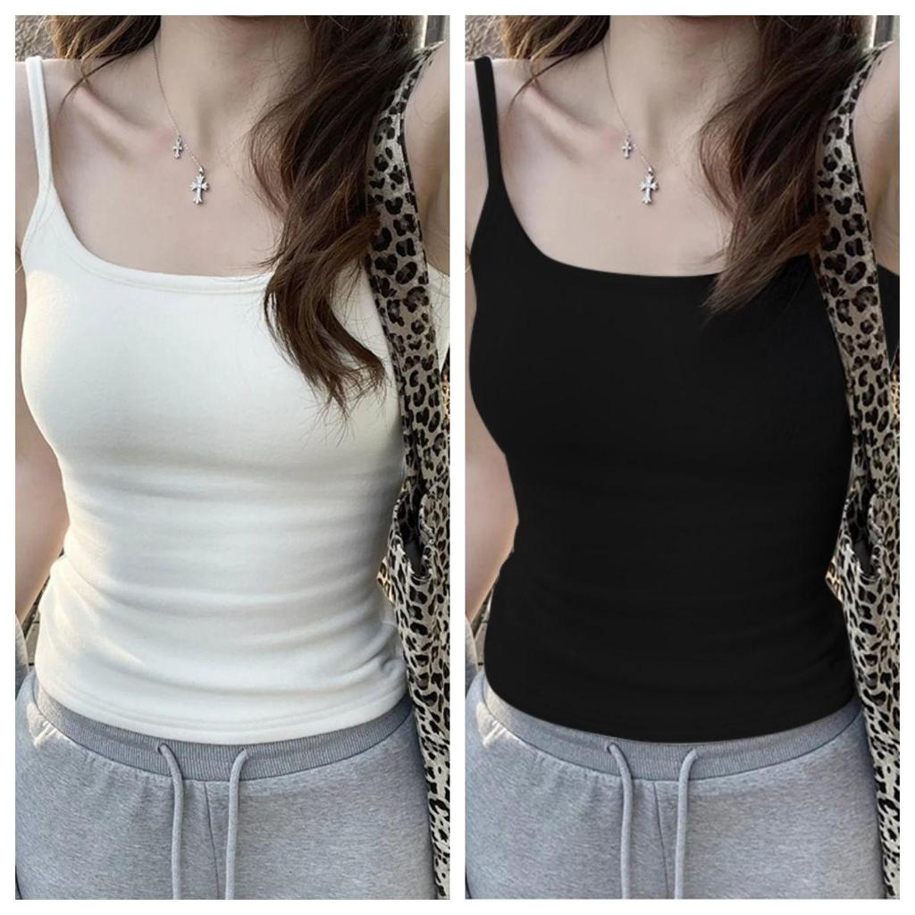 Women's White Slimming Spaghetti Strap Tank Top with Built-in Bra: Stylish Sleeveless Base Layer for Summer