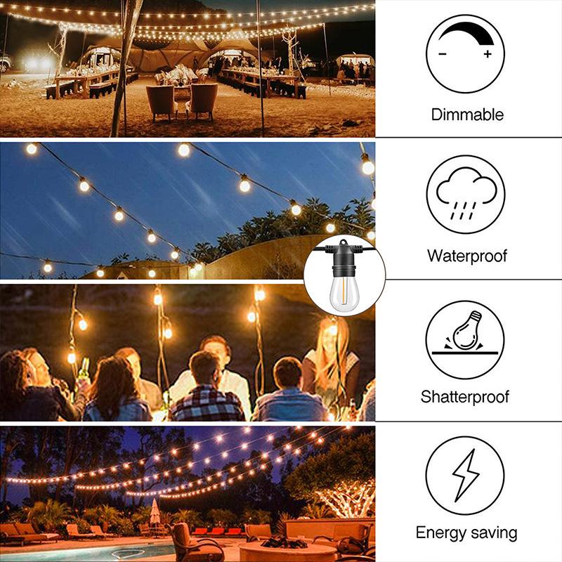 Solar LED S14 String Lights - Choose 12, 15, or 20 Lights - Fine Wire, Flat Head Plastic Bulbs, Outdoor Waterproof Decoration.