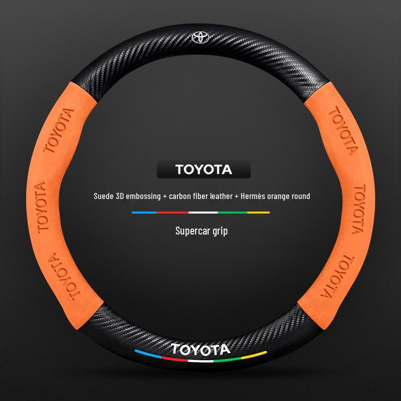 Genuine Leather & Suede Carbon Fiber Steering Wheel Cover for Toyota Camry, RAV4, Highlander, and Corolla.