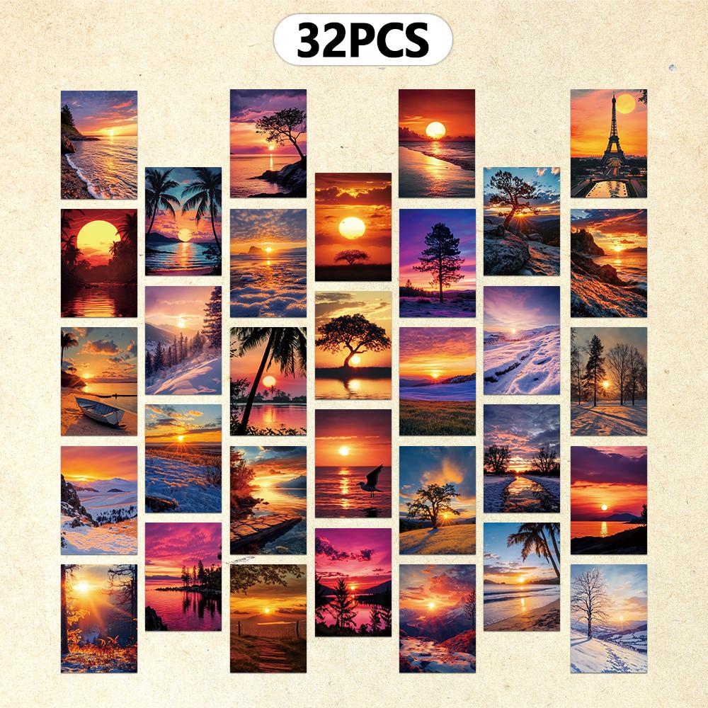 32pcs, Various Scenic Postcards, Sunset Postcards, Wall Stickers, Message Cards, Cards, DIY Postcards, Festival Decorations
