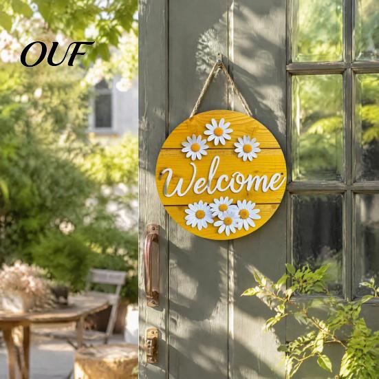 Front Door Hanging Decor Wooden Daisy Welcome Sign for Door, Rustic Farmhouse Wall Indoor Outdoor with Hemp Rope, Wood Plaque Home Entrance