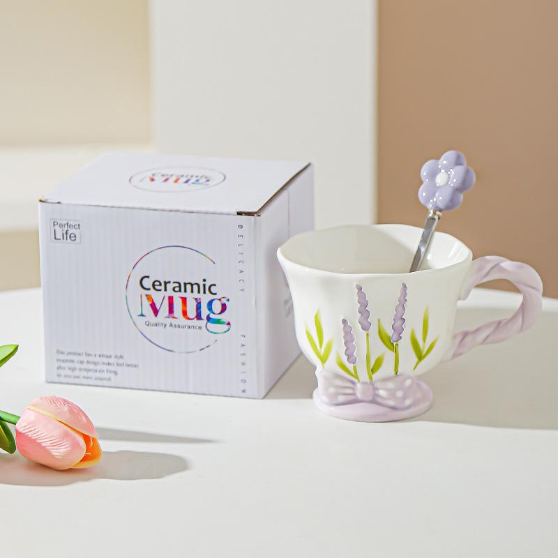 Tulip Ceramic Cup Hand Painted Relief High Looking Coffee Cup Mug Girl Heart Home Water Cup Souvenir