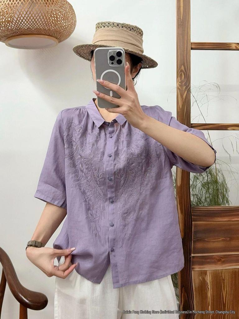 Summer 2026 Retro Embroidered Linen Blouse - Women's Short Sleeve, Slimming Shirt Collar, Loose Fit Top