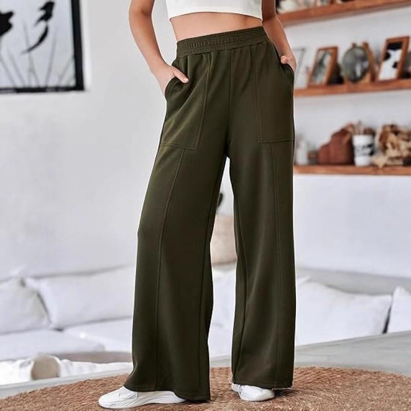 Womens High-Waisted Wide-Leg Casual Trousers Loose Fit Thick Winter Pant With Elastic Waist