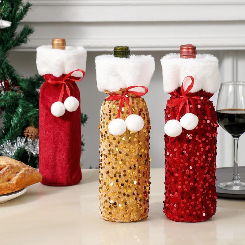 Christmas Wine Bottle Cover Decorative Sleeve With Sequins Pom Holiday Table Setting