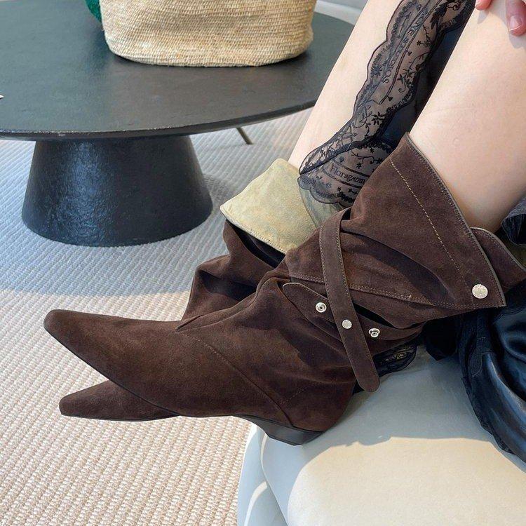 Sheepskin Version~ Korean Version Pointed Head Thick Heel Western Cowboy Boots Women's Autumn and Winter Leather Thick-soled Wide Tube Stacking