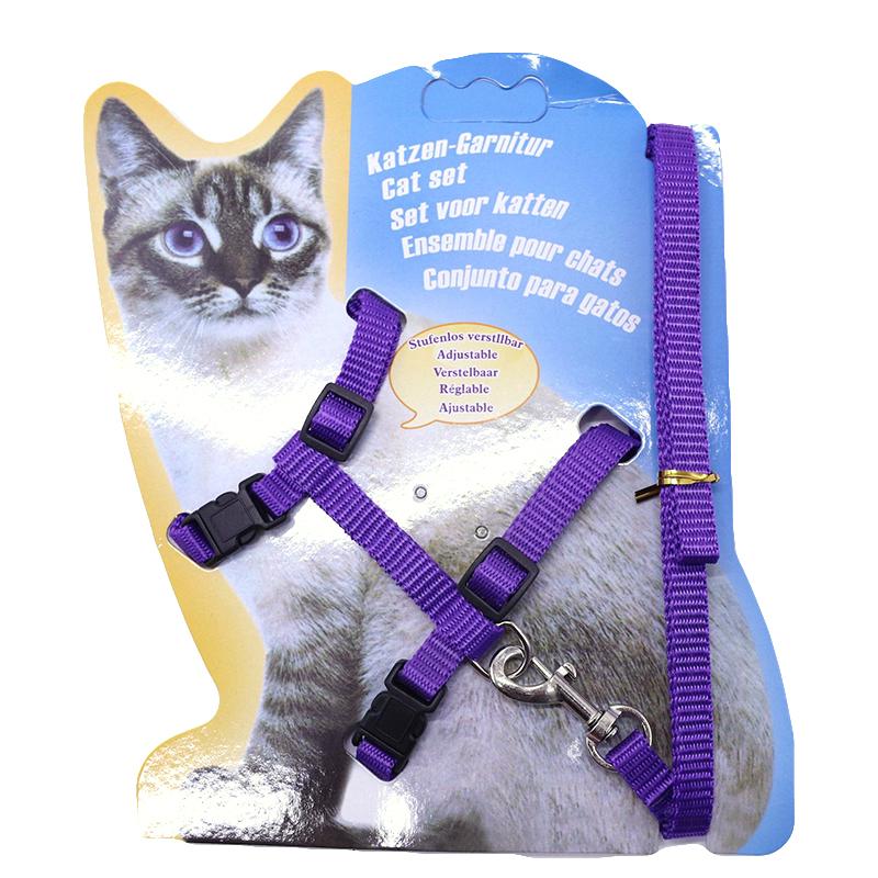 High Quality Eco-Friendly Nylon Plaid Cat Leash Set and Chest Harness with Fur Decoration Buckle Closure for Outdoor Walking