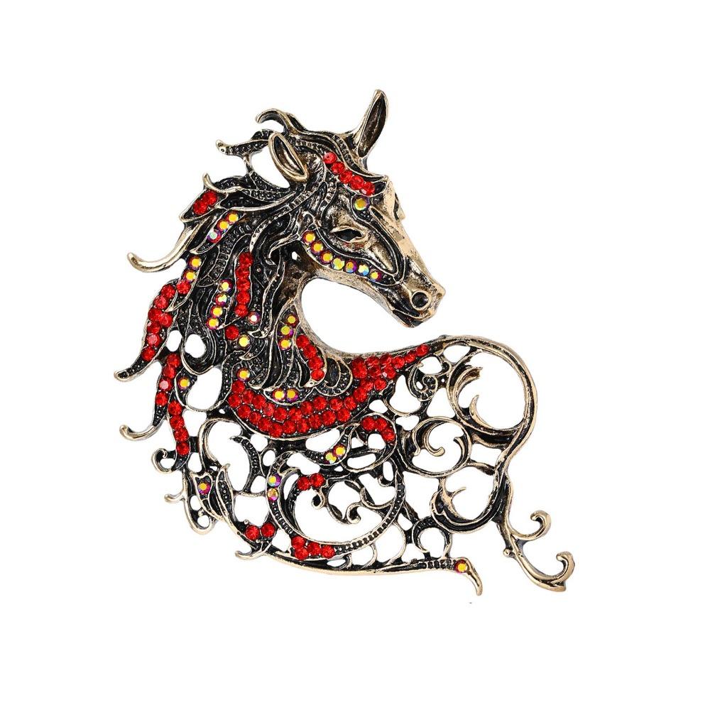 Hollow Out Rhinestone Horse Head Brooches Vintage Metal Badge Pin New Year Gifts