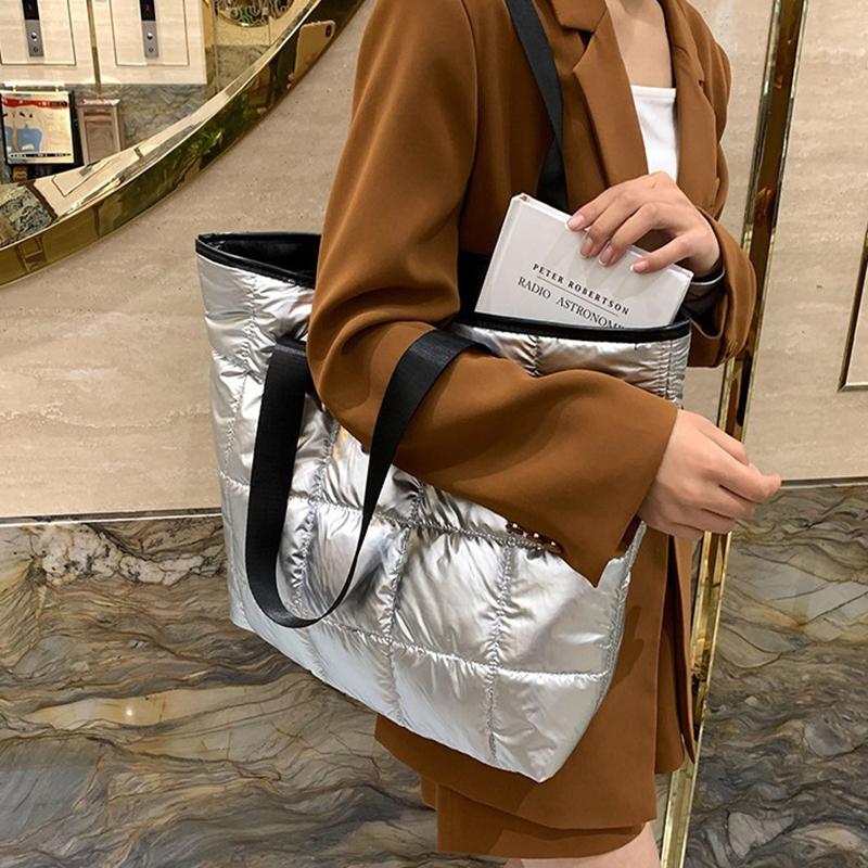 Ladies Tote Handbags Large Capacity Cotton Padded Shopping Bag Rhombus Portable Handbag Quilted Solid For Leisure Travel