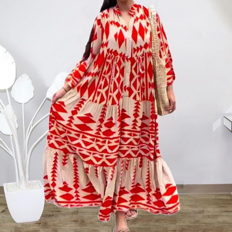 Women S Bohemian Printed Maxi Dress Plus Size Elegant Long Sleeve