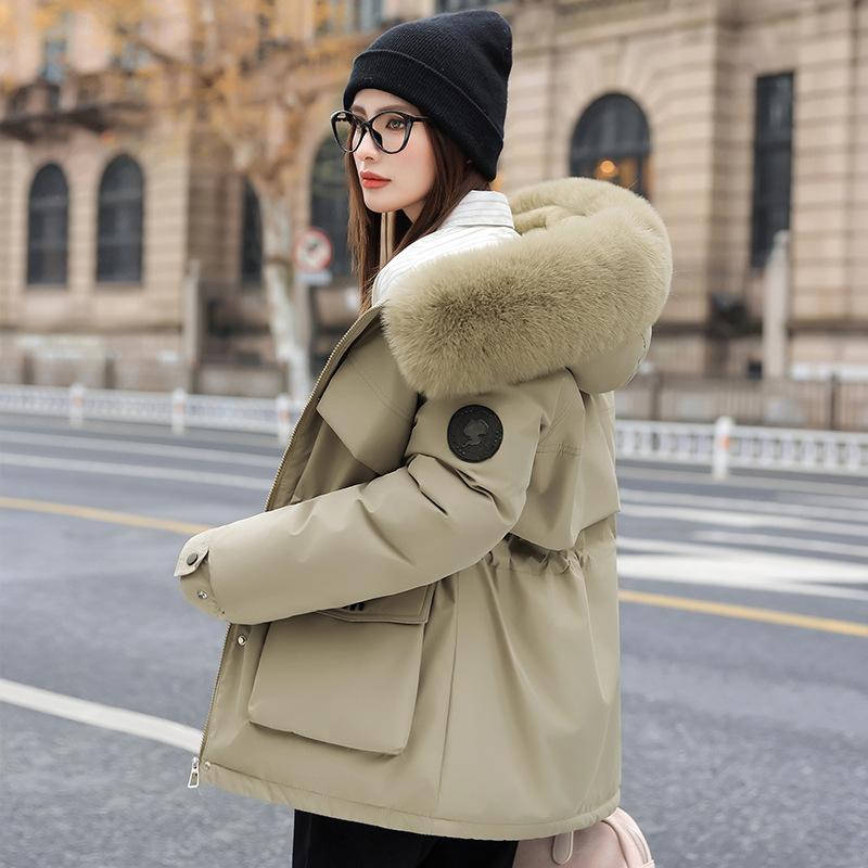 Pie Overcomes Women's Winter 2025 New Skinny Down Cotton Clothing Fashion Plush Thick Hair Collar Integrated Jacket