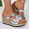 Fashion Gold Silver Wedge Heel Slippers for Women Rhinestone Decor Chunky Platform Sandals Woman Summer Thick Bottom Sandalias De Mujer