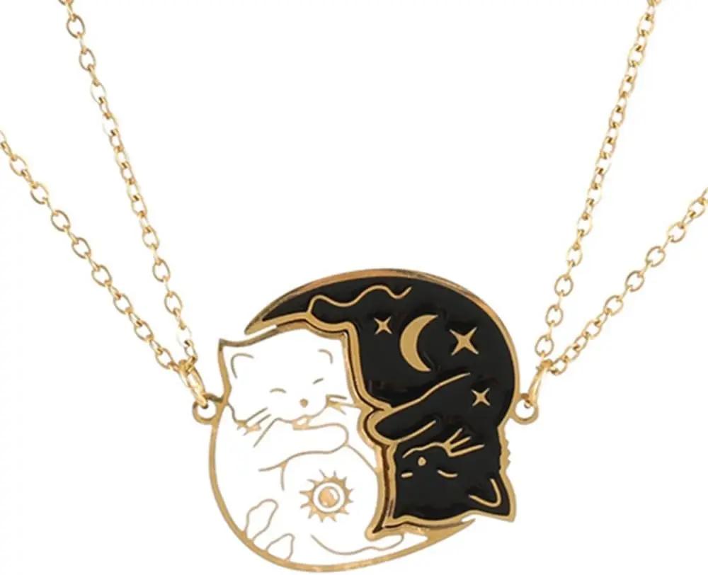 2 Stück Edelstahl Schwarz Weiß Katze Halskette Liebe Umarmung Katze Passende Partner Halsketten BFF Schmuck für Frauen Freundin