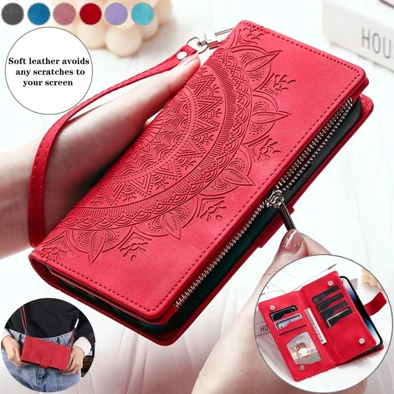 Case For Phone Yulin-003 Red/Black/Pink Crossbody Leather Zip Wallet Card Phone Case For Xiaomi 15 14T Pro 14 13 13T 12T 11T 10T Poco X7 X6 X5 M7 F6 Lanyard Flip Cover