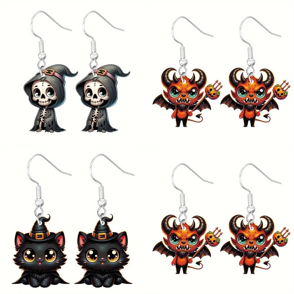 Halloween Themed Earrings Featuring Each Cat Demon Pumpkin And Skull Pattern For Festive Look