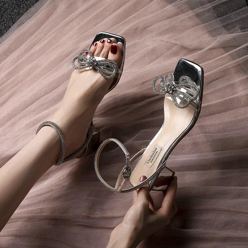 Fashion 2025 Sandals Women'S Summer New Fairy Net Red Beaded Bow Crystal Chunky Heel Women'S Shoes