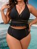 Übergröße Mesh Rüsche High Waist Bikini Set Damen Ausgeschnitten Neckholder V-Ausschnitt Zweiteilig Bauchkontrolle Kurvig Badeanzug