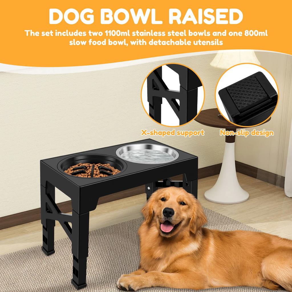 5 Height Adjustable Raised Dog Bowl Stand Metal Elevated Dog Bowl  with 2 Stainless Steel Bowls and 1 Slow Feeder Pet Supplies