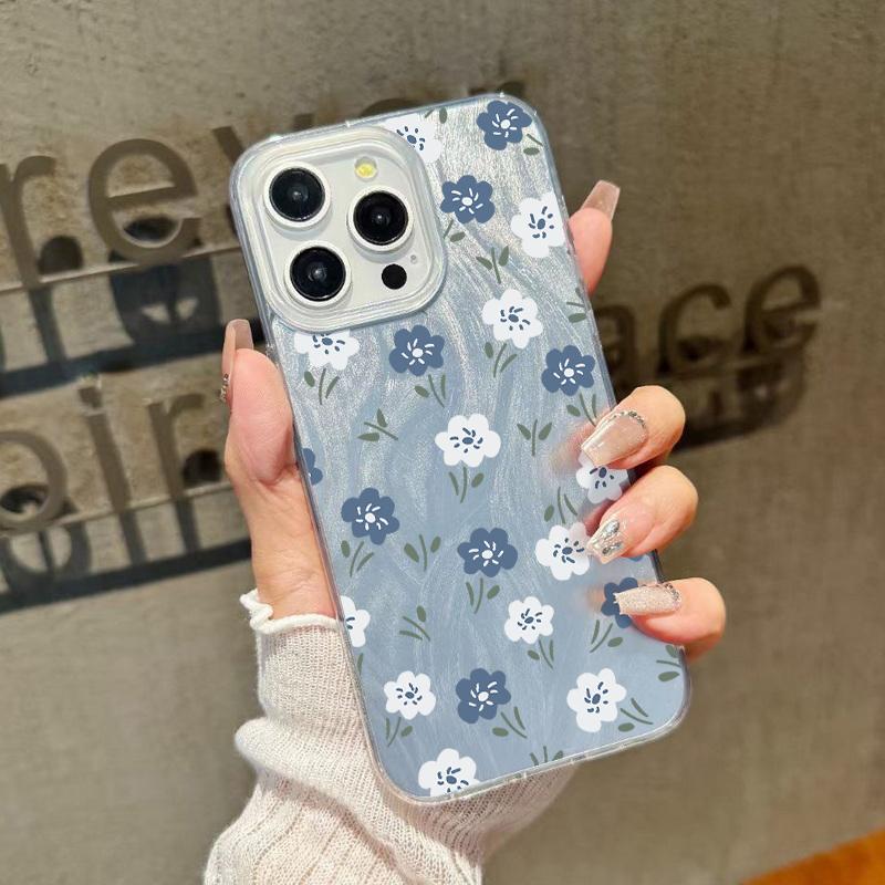 Simple Flower Pattern Luxury Glitter Case For iPhone 16 Pro Max 15 Pro 14 13 12 11 Slim Glossy Shockproof Hybrid PC TPU Clear Phone Cover