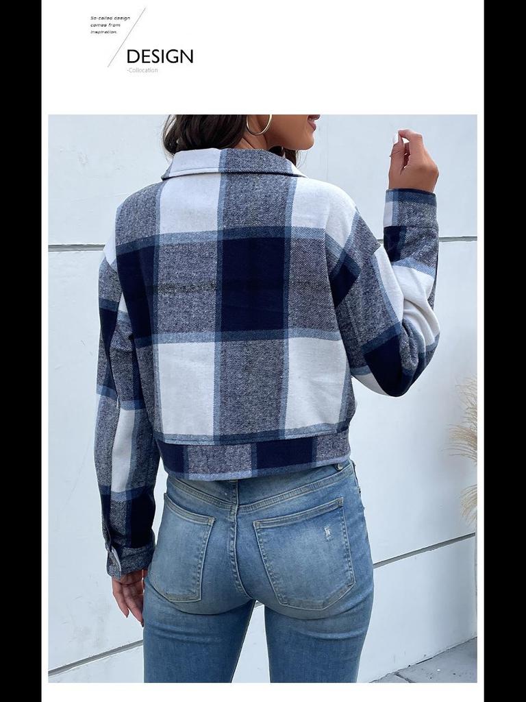 Jesienno-zimowa kurtka kardigan w kratę - Długi rękaw, styl europejski i amerykański