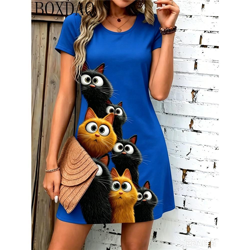 2026 Women's Round Neck Short Sleeved Loose Fitting Pullover Cat Print Casual Summer Dress