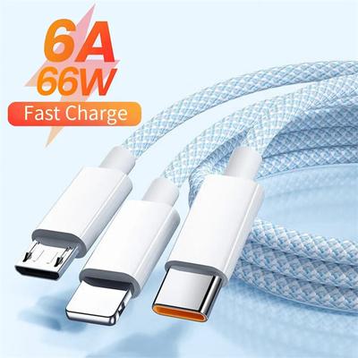 1.2M/2M/3M 6A 66W 3 em 1 Cabo de Carregamento Rápido USB Tipo C Cabo Multi Carregador de Celular USB C Cabo de Dados para iPhone Xiaomi POCO