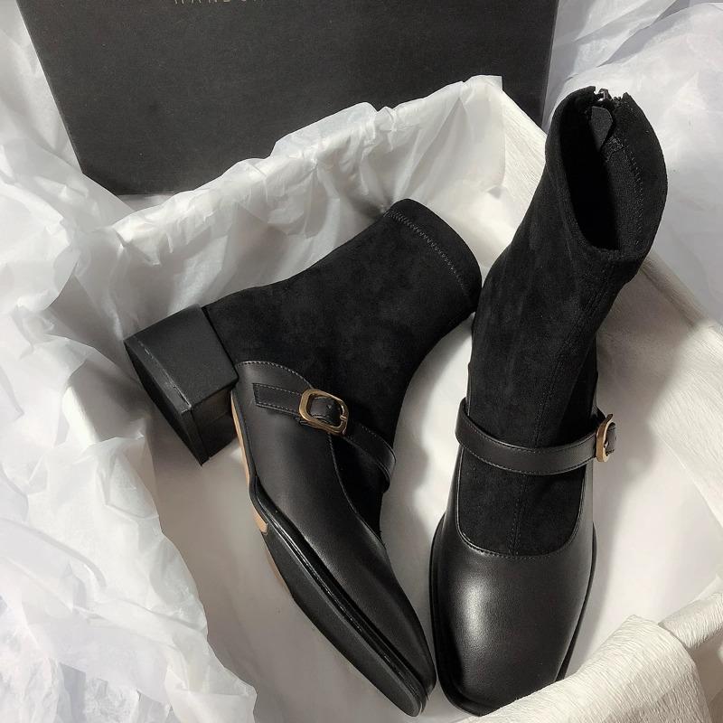 Fashion Elastic Boots Women Cow Suede Short Ankle Boots Female Spring Autumn Elegant Boots Stretch Slim Mixed Color Chunky Heel Boots 40