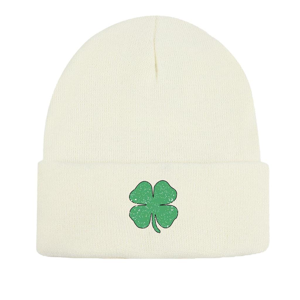 Green Four Leaf Shamrock Warm Knit Cap Beanie, St. Patrick's Day Man Cap Autumn Winter Casual Pompom Beanies Knitted Hat Beanie