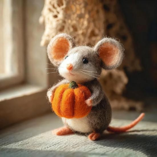 Halloween Felt Mouse Accessories Handmade Animals Statue with Pumpkin Decoration Table Shelf Desk Ornament