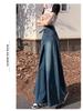 Plus Size Retro Frayed Wide-Leg Denim Skirt for Pear-Shaped Women - High Waist, Slimming Flared Design for Spring and Autumn.