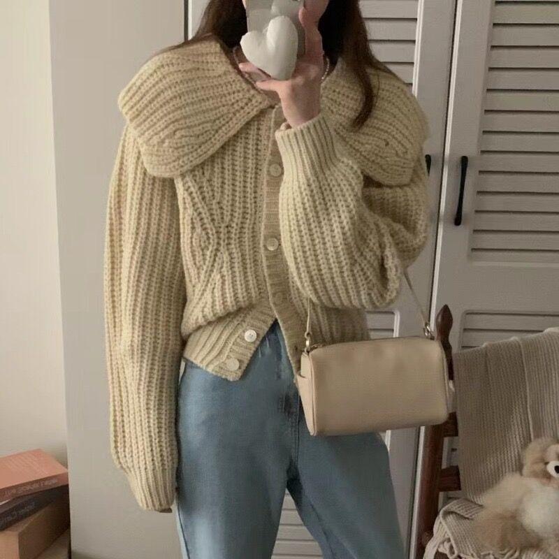 Fashion Elegant Doll Collar Knitted Cardigan Women Sweater Autumn/winter Casual Lapel Loose Coats Long Sleeved Jacket Sweet Simple Solid Top