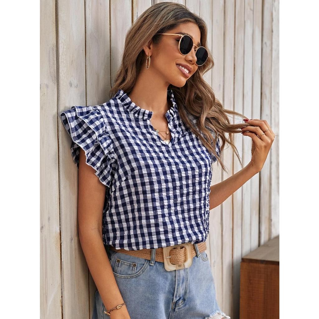 Summer Women Sweet Cute Plaid Short Sleeve Top Double Layer Ruffle Hem Blouse