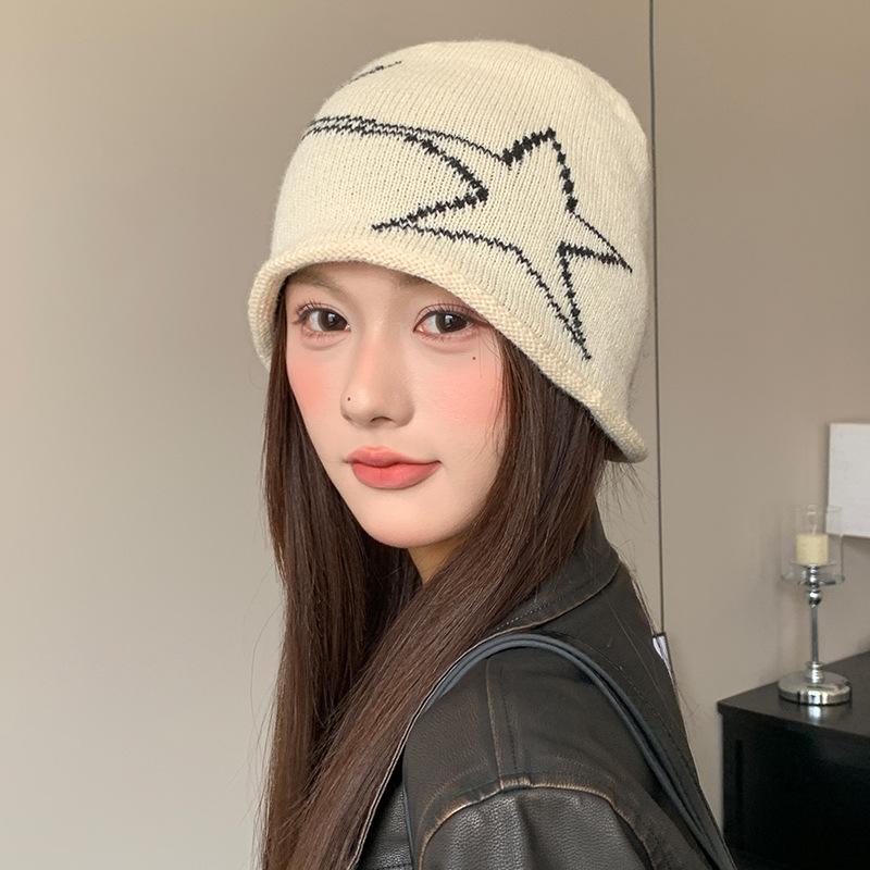 Face showing Little Star Woolen Knitted Hat for Women in Autumn and Winter Warm Ear Protection Headband Hat with Big Head Circumference for Cold