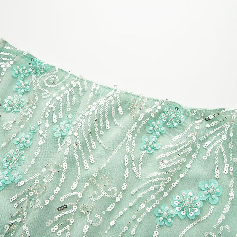 Kaslead New Women Clothes Western Style Fashion Sexy Three-Dimensional Embroidery Mesh Sequined Flower Skirt