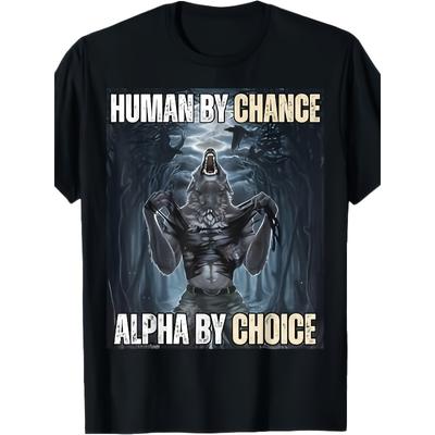 Europäische GrößenHerren Alpha Wolf Grafik-T-Shirt - Humorvoller Slogan 'Menschliche Wahl, Geborener Anführer' mit Wolfsrudel-Design