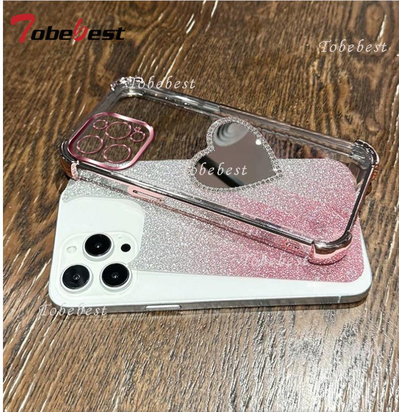 Glitter Plating Love Mirror Bracelet Case for iPhone 16 16E 15 14 Plus 13 12 Mini 11 Pro XS Max XR X Shockproof Silicone Cover