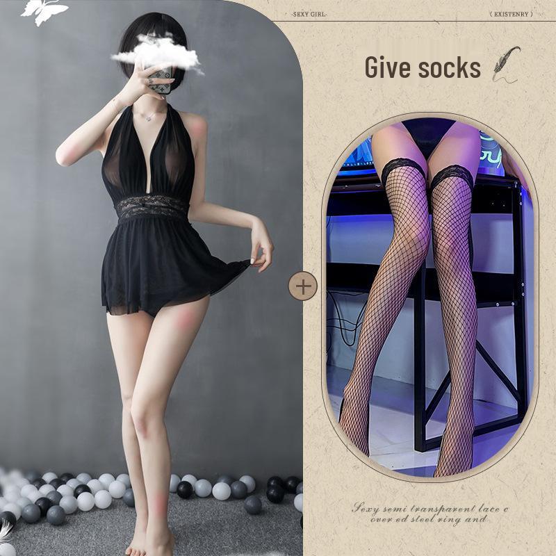 European-American Deep V Backless Mesh Halter Nightdress