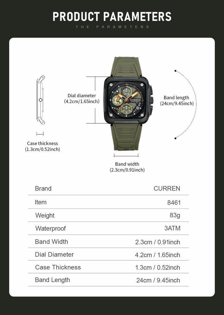 CURREN 8461 Men's Square Sports Watch with Silicone Strap and Multifunctional Six-Needle Calendar