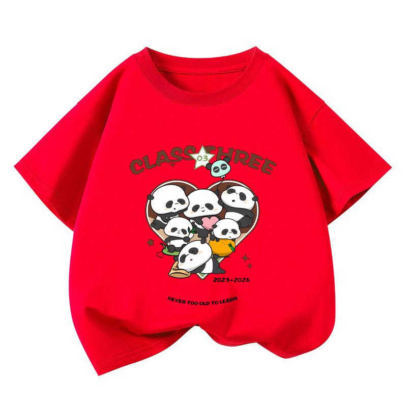 Guochao Panda Cotton T-shirt for Kids, Cartoon Short Sleeve, Summer Casual Top 140 cm