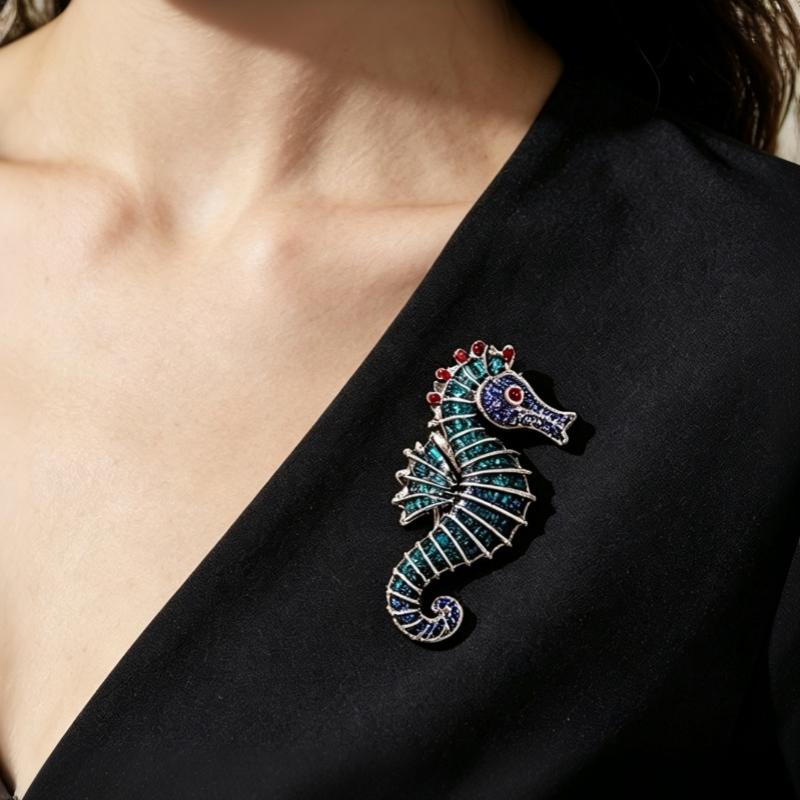 Sparkling Rhinestone Seahorse Brooches 3 Color Sea Animal Office Casual Brooch Pins Gifts