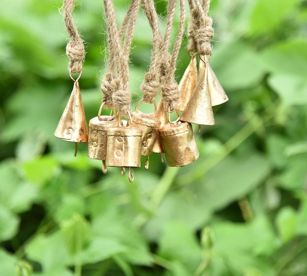 Vintage Gold Cow Bells for Christmas Decor, Pack of 10 Handmade Tin Jingle Bells for DIY Craft Projects and Boho Farmhouse Ornaments