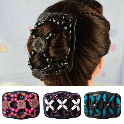 Femme Vintage Perles en Bois Peigne Magique à Cheveux Épingle Clip Double Glissière Coiffure