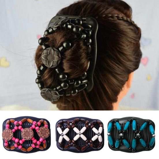 Women Vintage Wooden Beads Magic Hair Comb Hairpin Clip Double Slide Headwear