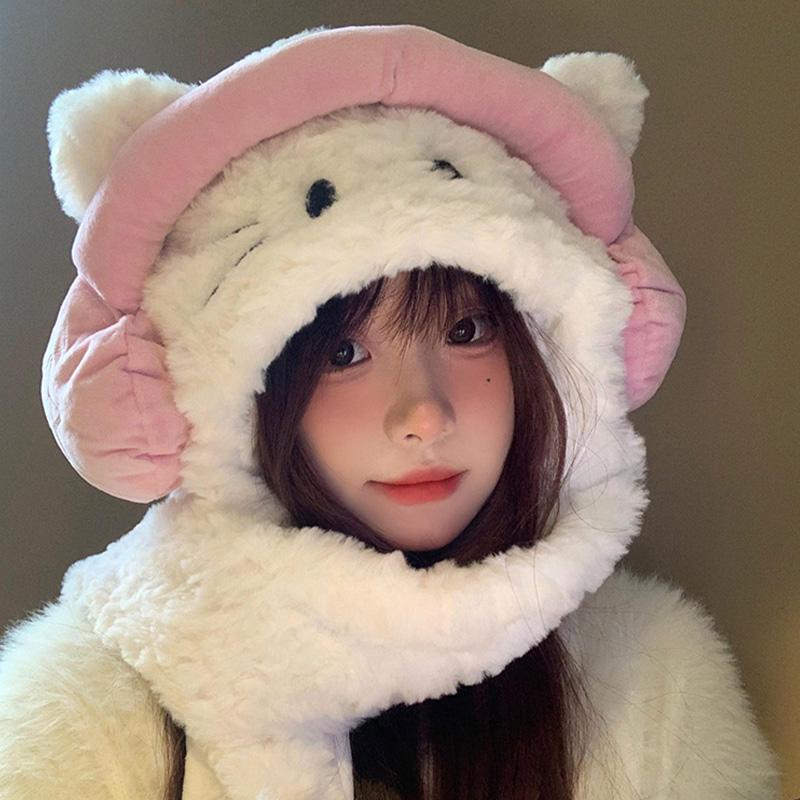 New Korean Sweet Bow Plush Bomber Cap Winter Women Keep Warm Windproof Ear Protection Cute Pom-pom Beanie with Lace