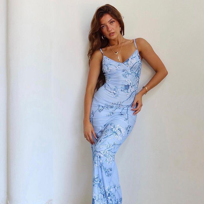 

Sexy Dress Summer 2023 New Fashion Stylish Vacation Casual Slim Fit Printing Slip Dress Women Blue S