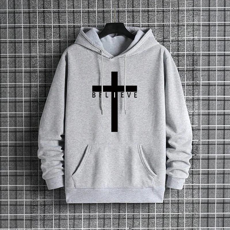 2025 Autumn Winter Hoody Outerwear Jesus Cross Printed Men Hoodies Urban Casual Streetwear Fashion Hooded Sweatshirt Male Trendy