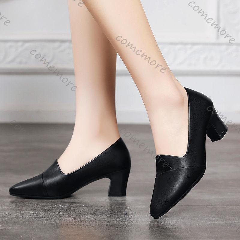 Fashion Comemore Spring and Autumn New Pumps Single Shoes Black 5cm 7cm Thick Heeled Women Shoes Casual Soft Leather Mother Work Shoes