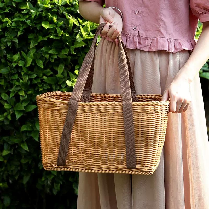 Coș de picnic țesut Coș de mână pentru legume Recipient țesut manual Portofel portabil Tort cu fructe Imitație ratan Decor pentru uz casnic