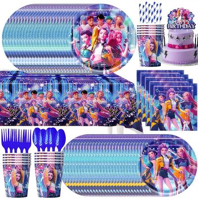 Fête d'Anniversaire Chasseurs de Démons Set de Couverts Tasse Assiette Serviette Bannière Ballon Filles Coréen Kpop Anime Fournitures de Fête Décoration